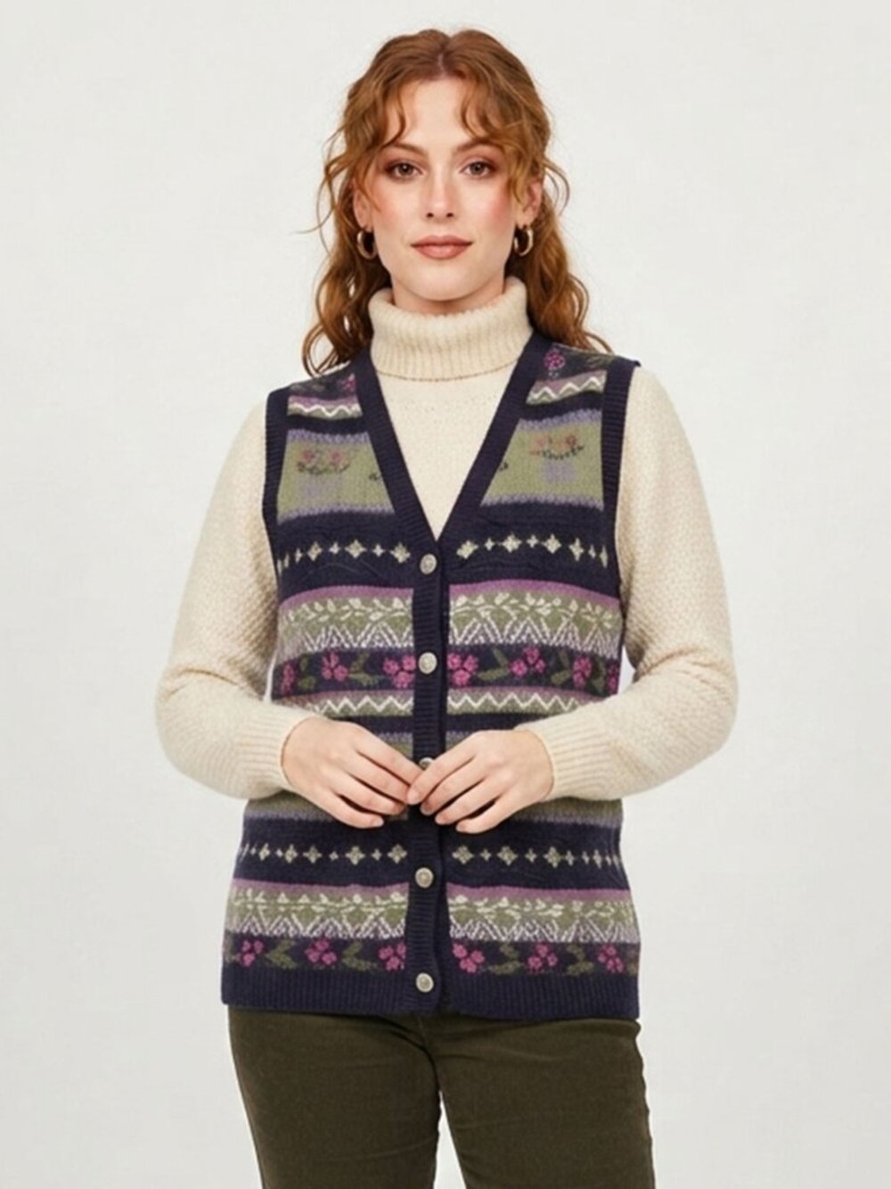 Vintage 90s Northern Reflections Floral Knit Button Up Sweater Vest Medium - Picture 1 of 10